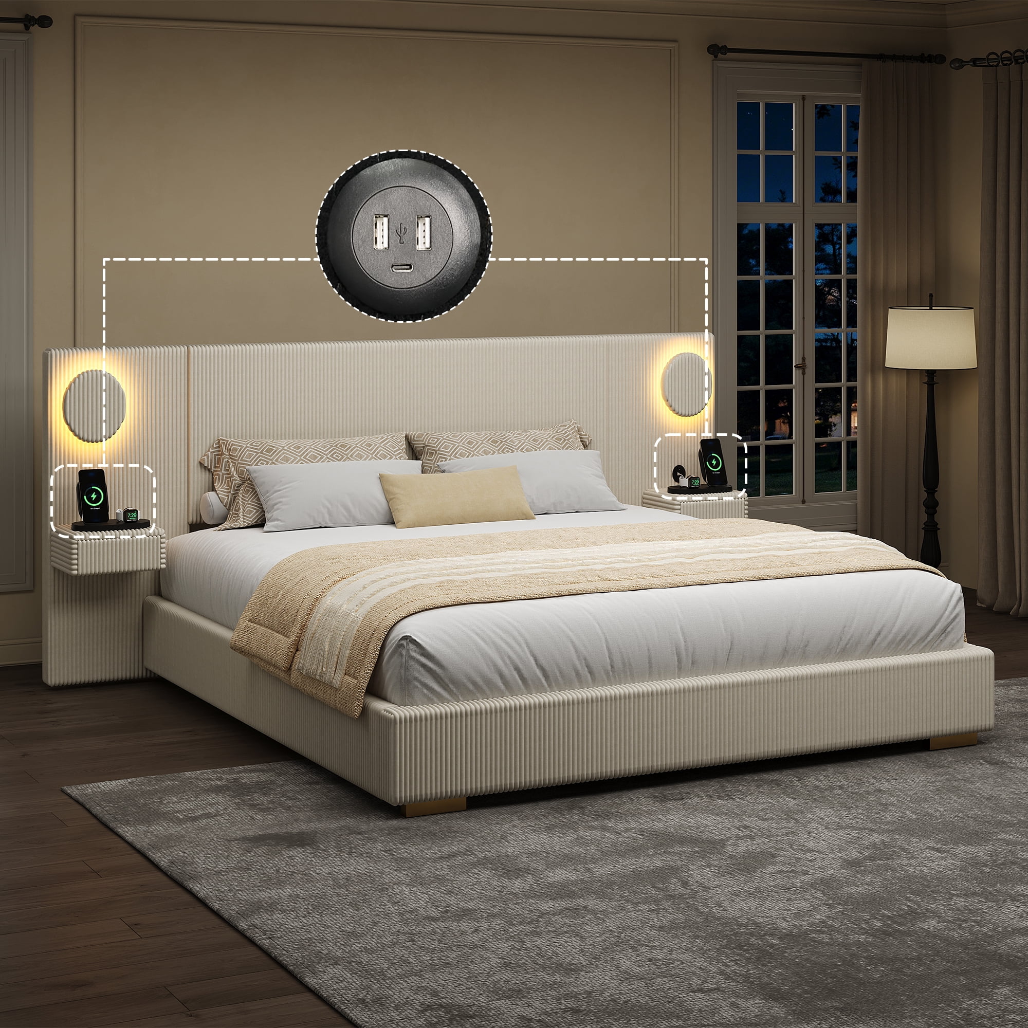 Euroco Upholstery King Size Platform Bed with LED Light and Drawers, High Headboard Design with Bedside Tables and USB Ports, No Box Spring Needed, Beige