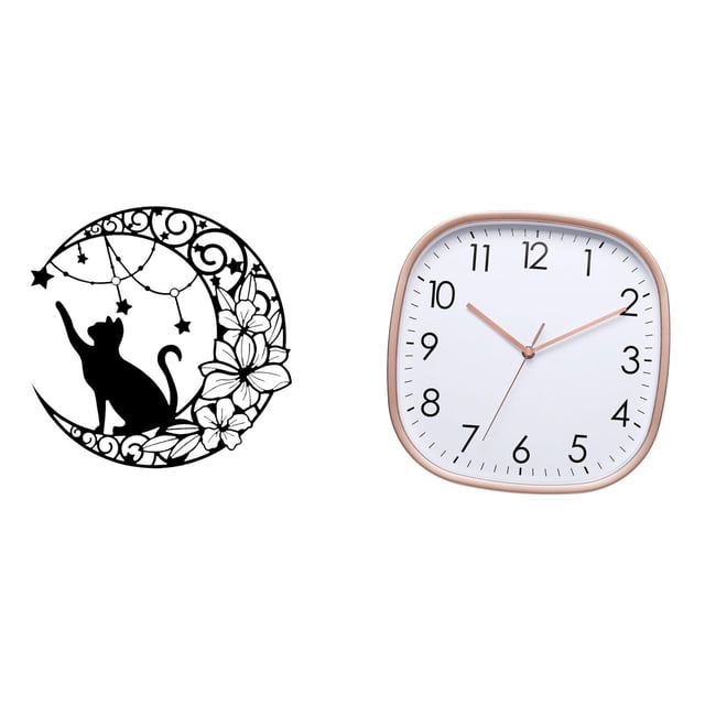 Arte de pared,Estatua decorativa de pared de gato negro de metal,Escultura de pared de metal minimalista con adorno de pared,Reloj de pared,Reloj de pared digital grande y sencillo para