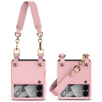 Dteck Handbag Case for Samsung Galaxy Z Flip 4, Z Flip4 Case with Wrist Hand Strap, Galaxy Z Flip 4 Case with Built-in Camera Screen Protector, Ultra Slim Protective Hard Case, Pink