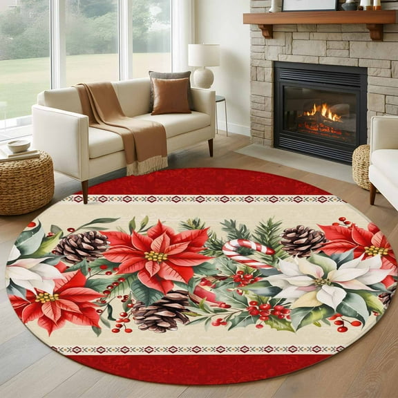 Christmas Poinsettia Round Rug 5ft Washable Circle Kitchen Rugs Non Slip Red Xmas Flowers Botanical Winter Large Area Rug Indoor Floor Carpet for Bedroom Living Room Home Office Dining Room Nursery