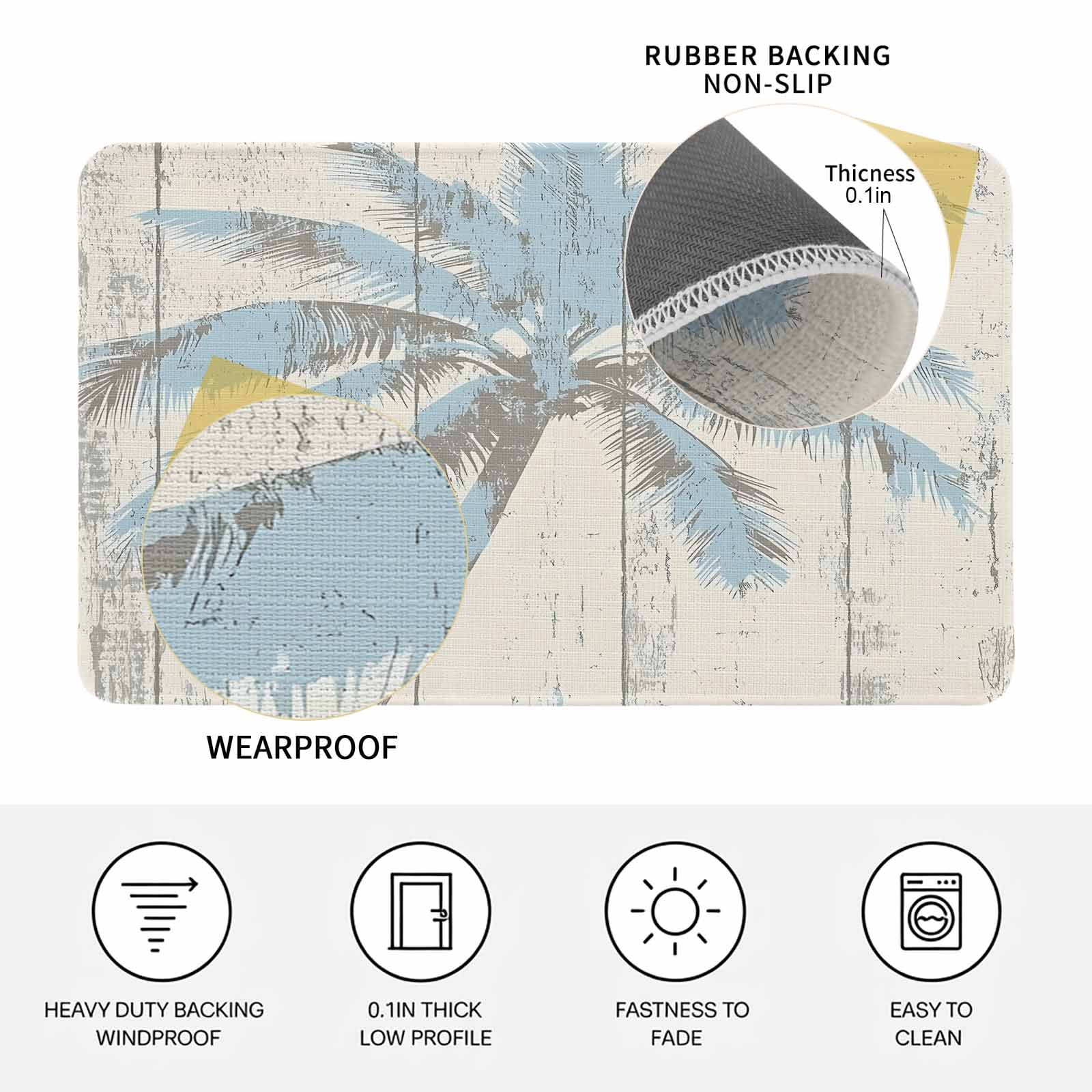 Blue Palm Tree Doormat Outdoor Entrance 16"x24", Tropical Beach Antique Wood Grain Summer Absorb Moisture Dirt Door Mats, Non-Slip Rubber Backing Floor Mats Indoor, Low-Profile Front Door Rugs