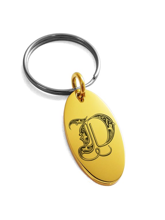 Stainless Steel Letter D Initial Royal Monogram Engraved Small Oval Charm Keychain Keyring