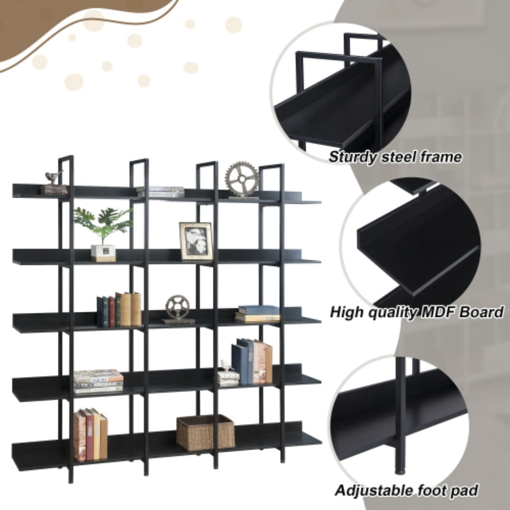 5-Tier Industrial Bookcase, Vintage Open Bookshelf with Metal Frame & MDF Shelves, 80 Lbs Per Shelf, Freestanding Display Storage Rack for Living Room & Home Office, Black