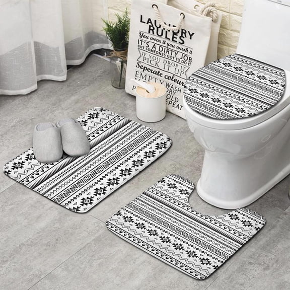 Black Geometric Border Pattern Bathroom Rugs Sets 3 Piece,Toilet Cover Set,Absorbent Non Slip Bathroom Mats Sets with U-Shaped Contour Rug Toilet Rug Set