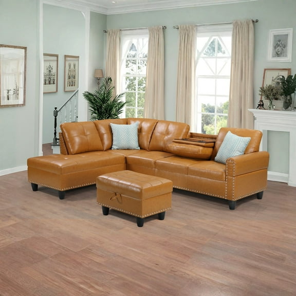 Hommoo L-Shaped Upholstered Sectional Sofa Couch with Storage & Cup Holders, Faux Leather Living Room Sofa Set, With Ottoman, Ginger