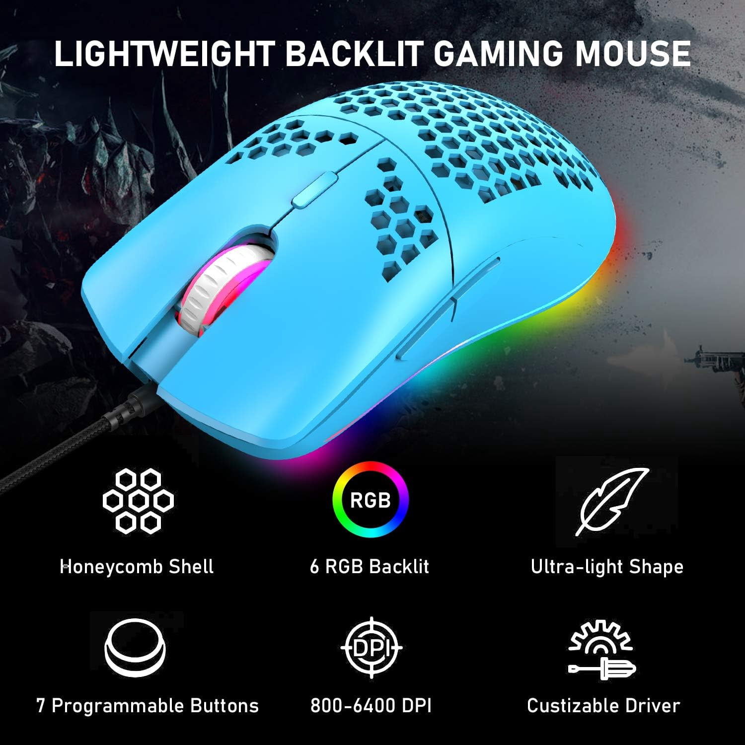 K61 UK Layout RGB 60% Gaming Keyboard Mouse Set Wired 62 Keys Mini Portable Keyboard 7 RGB LED Backlit 19 key Anti-ghosting + 6400 DPI Ultralight Gaming Mouse Honeycomb Shell +Mouse Pad -Blue