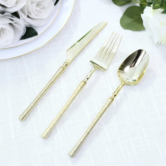Efavormart 60-Pack Gold Plastic Cutlery Set with Ribbed Handle - Heavy Duty Disposable Fork Spoon Knife Combo