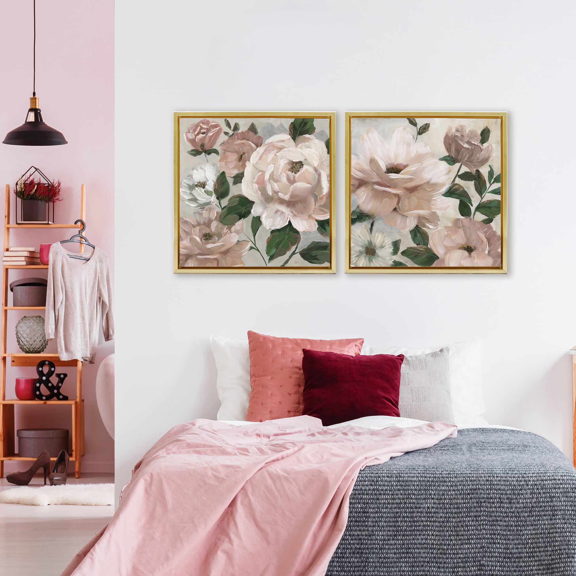 Stupell Industries Elegant Blush Peonies & Leaves 2 Piece Gold Framed Floater Canvas Set, design by Nan