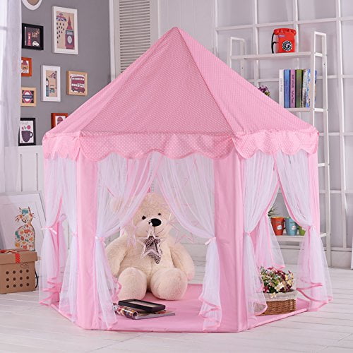 Pink Kids Indoor Princess Castle Play Tents,Sanmersen Outdoor Portable Large Playhouse with LED Star Lights,Perfect Indoor Toys Gift for Child Toddlers