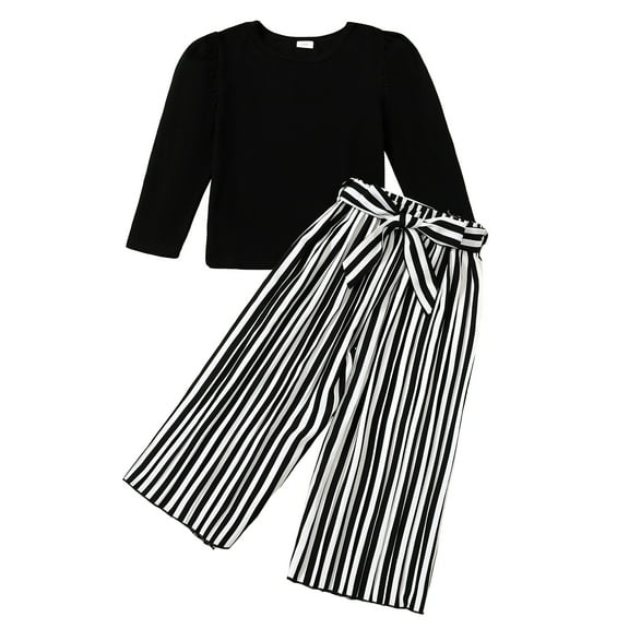3T Baby Girls Outfits 4T Girls Pant Sets Toddler Girls Long Sleeve Solid Color Top Stripe Pants 2PCS Set Black