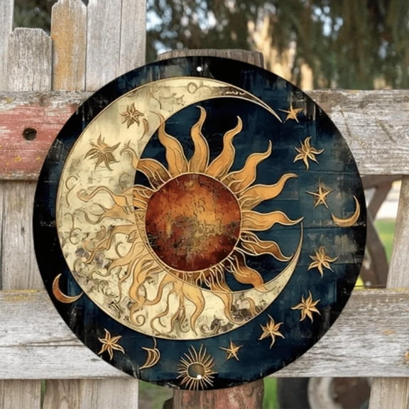 HELLOYOUNG Moon and Sun Metal Wall Decor, 8"x8" Rustic Tin Sign for Home Room Bar Cafe Garage, Random Hole Positions, Housewarming Birthday GiftPlaques & Signs Wall Panels