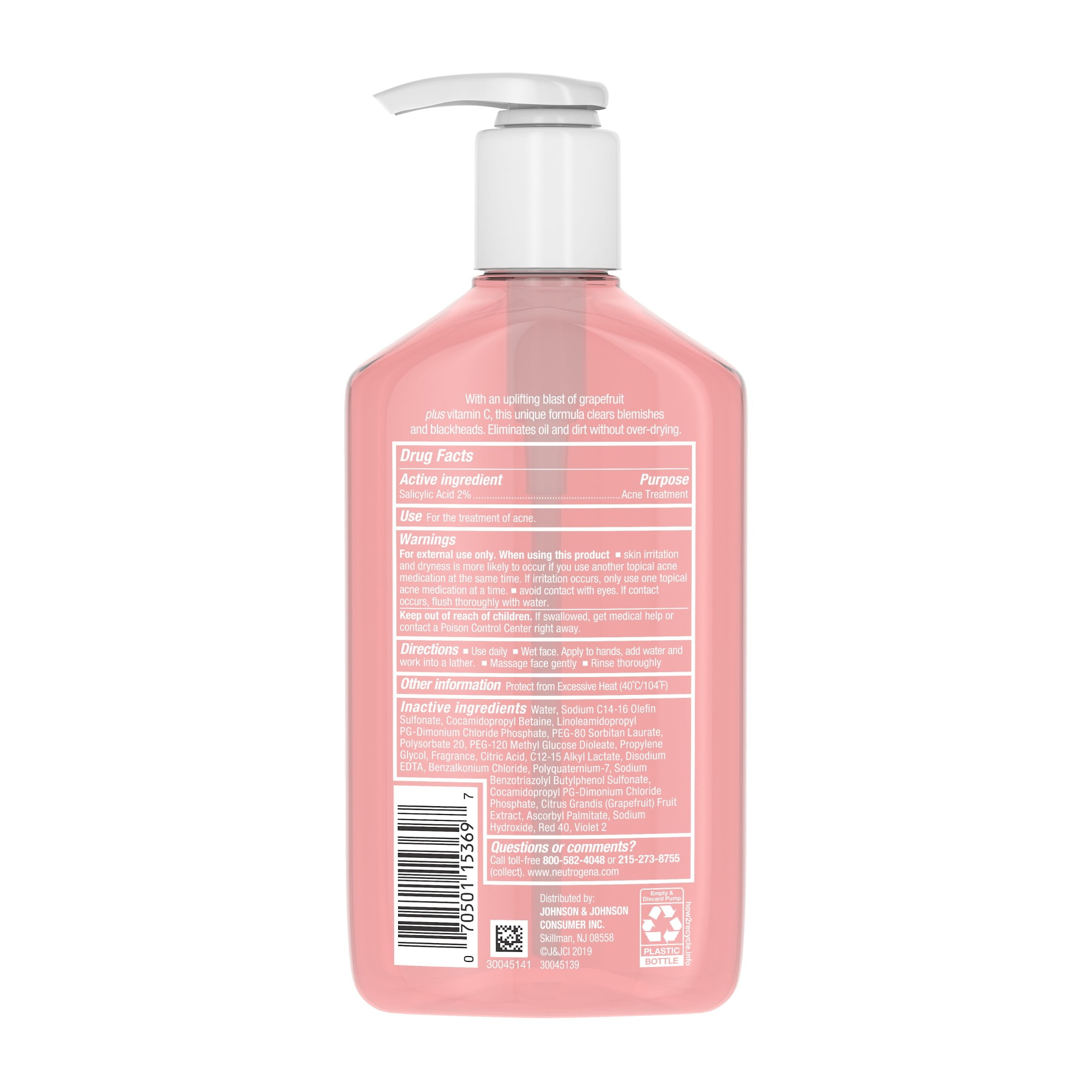 (2 pack) Neutrogena Oil-Free Pink Grapefruit Acne Face Wash, Salicylic Acid Facial Cleanser, 9.1 fl oz
