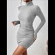 thumbnail image 5 of Vestido Tipo Suéter de Punto Acanalado para Mujer, de Larga, Fruncido, Ajustado, con Cuello Alto y Cintura Alta Gris S, 5 of 9