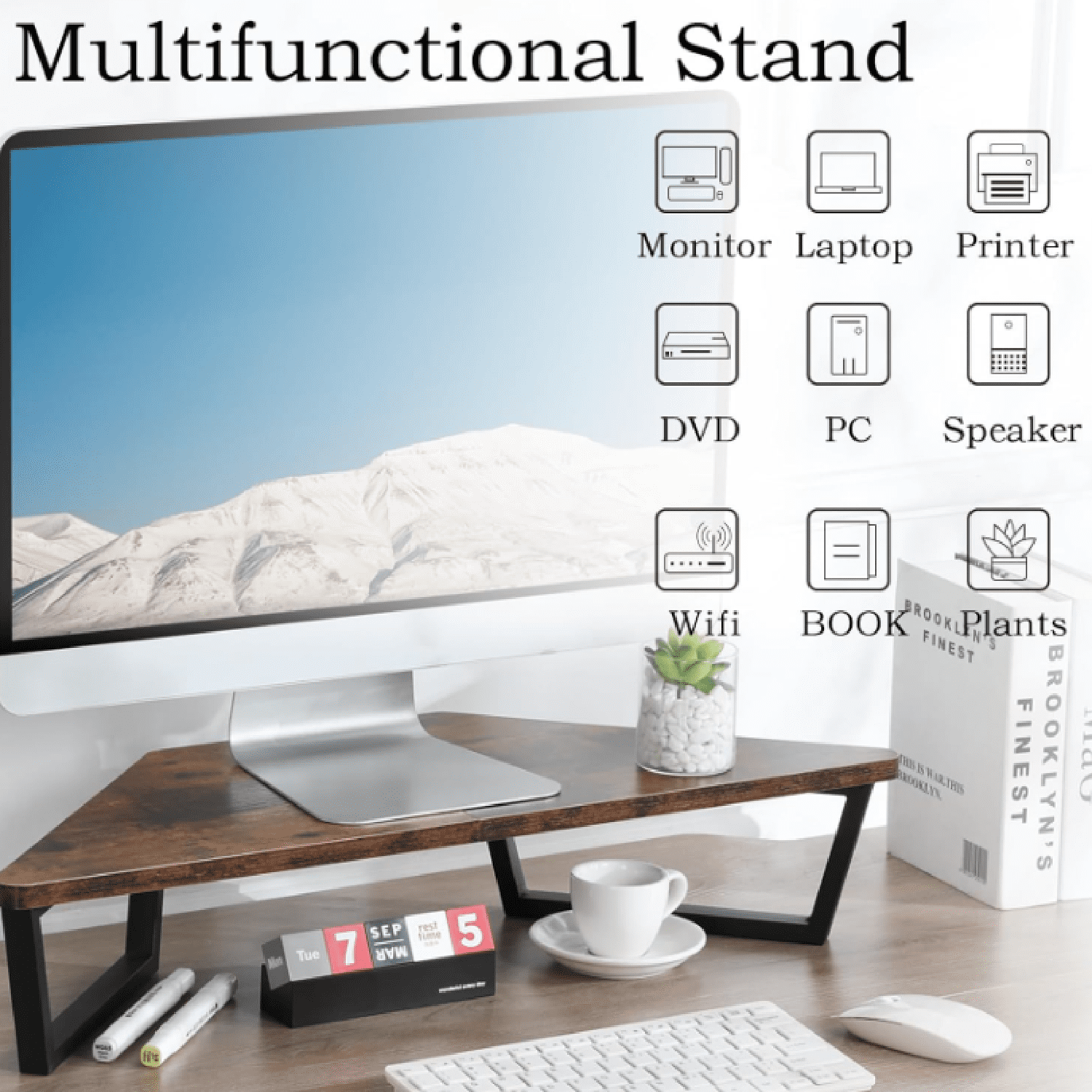 26 inch Triangle Monitor Stand Riser, Desktop Corner Shelf with Metal Leg Wood Computer Stand with Storage Laptop Riser Office Organization
