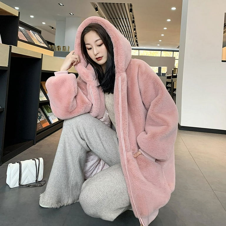 DanceeMangoo Fashion Faux Fur Coat Women Winter Thicken Casual Loose Hooded  Overcoat Female Solid Long Sleeve Warm Plush Jacket 