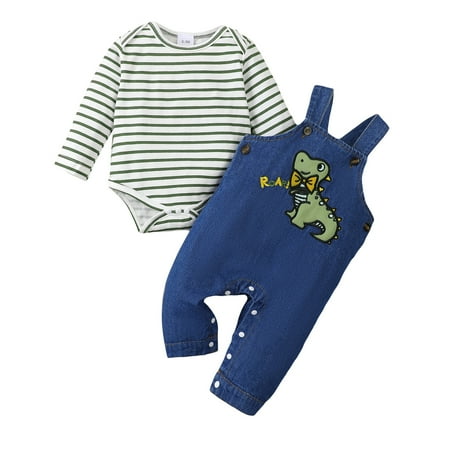 

12 Months Baby Boys Clothes 18 Months Boys 2PCS Romper Outfits Set Infant Boys Long Sleeve Stripe Top Overall Pants Set Green