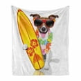 thumbnail image 1 of Ride the Wave Soft Flannel Fleece Blanket, Surfer Puppy with Sunglasses and Tropical Hibiscus Flowers Hawaiian Dog Print, Cozy Plush for Indoor and Outdoor Use, 50" x 70", Multicolor, by Ambesonne, 1 of 6