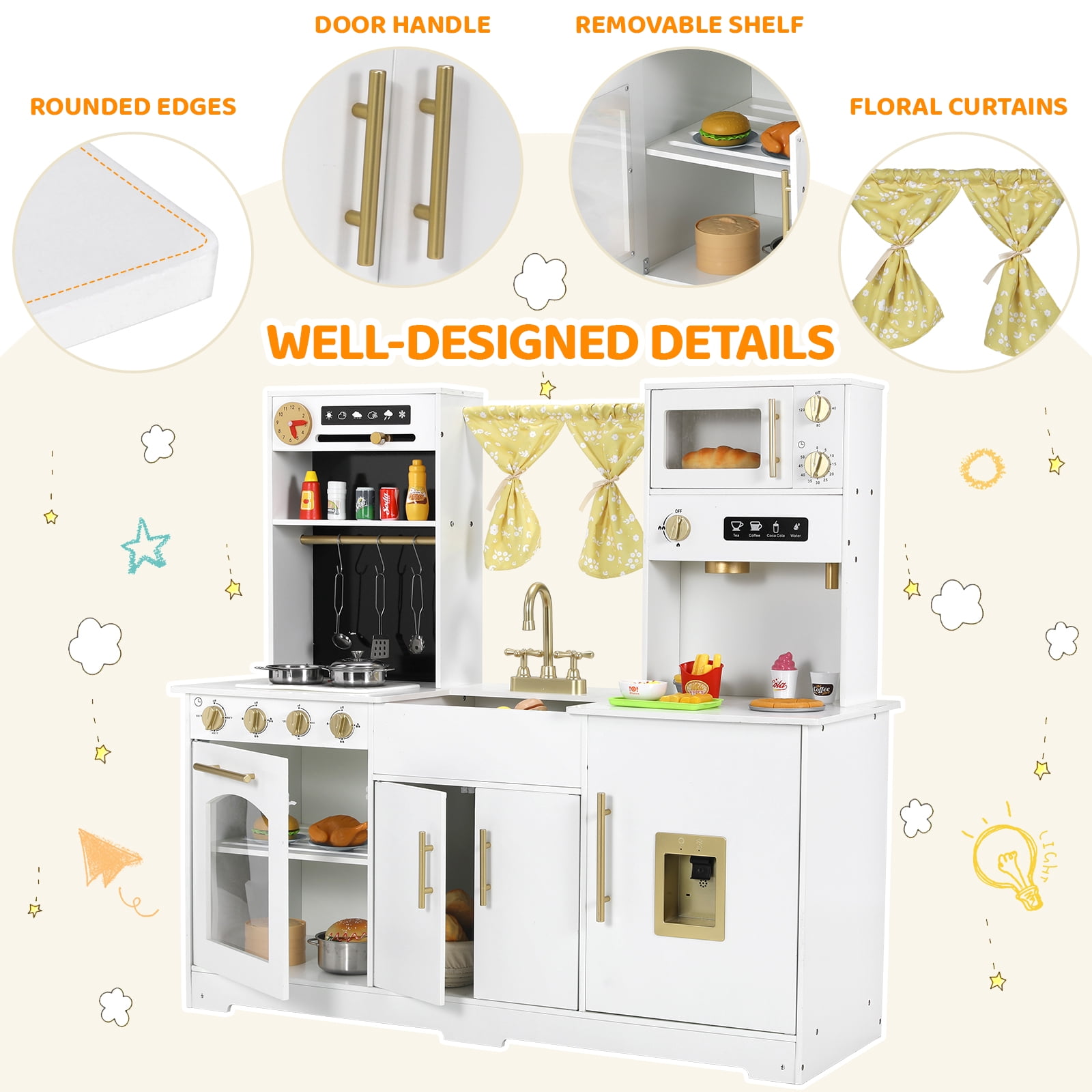 Pirecart Play Kitchen, Wooden Kids Kitchen Playset with Sound & Light,  Sink, Microwave, Curtain and Utensils for Boys Girls Age 3-10, White
