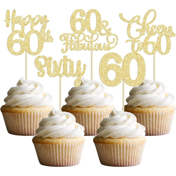 10Pcs Gold Glitter 60th Birthday Cupcake Toppers, Cheers to 60 Picks for 60th Birthday Party Cake Decorations