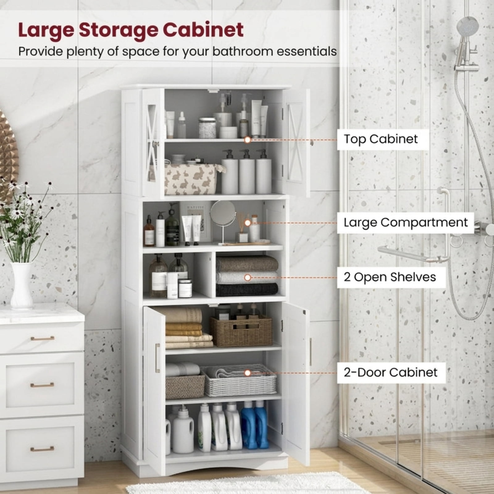 Vebreda Tall Bathroom Floor Storage Cabinet with Acrylic Doors and 3 Open Cubes and Adjustable Shelves for Bathroom Organizer, White