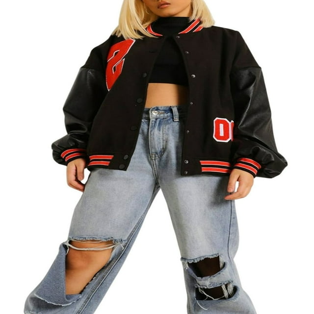 Vestes de Baseball Surdimensionnées pour Femmes Mode Cuir Manches Longues Broderie Lettres
