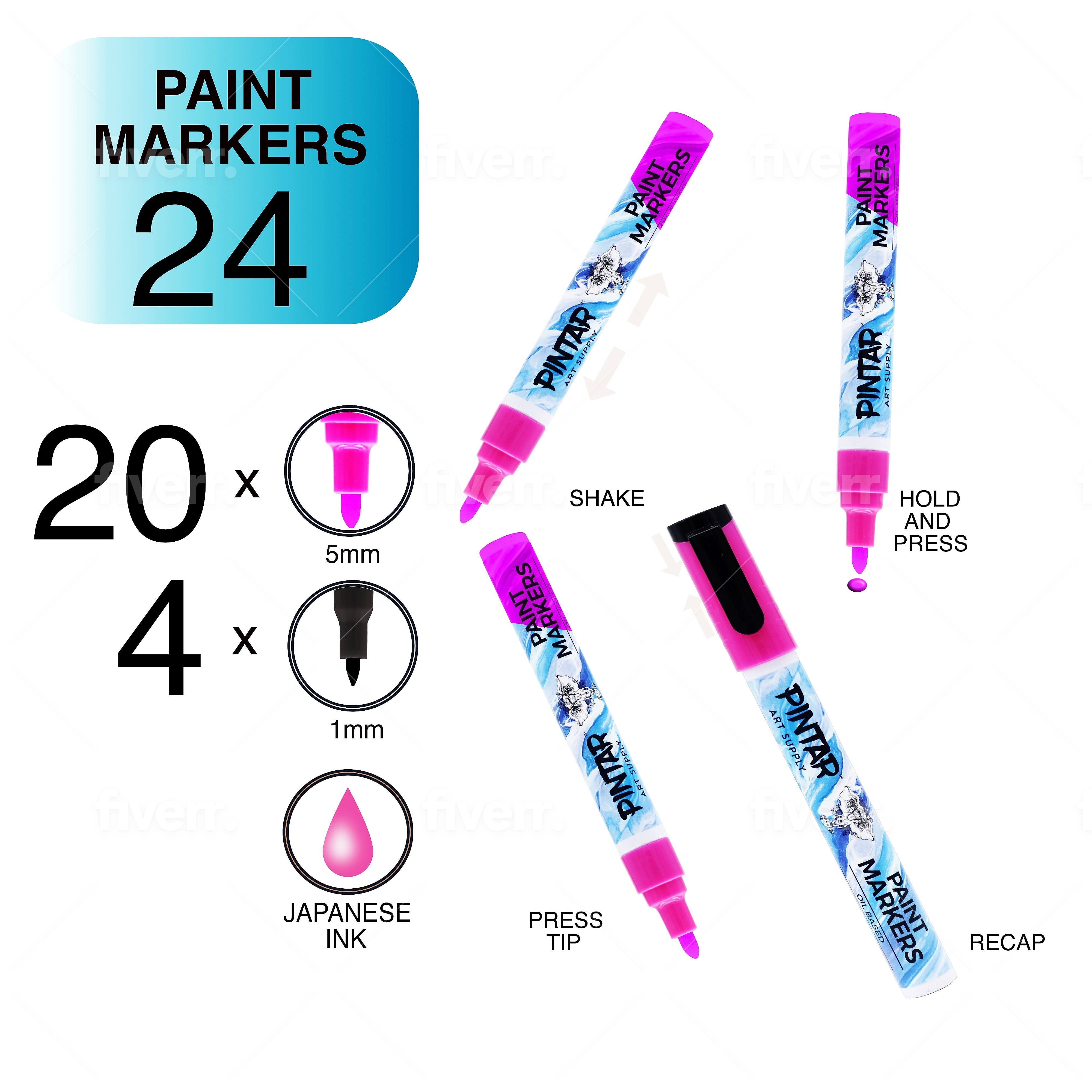 PINTAR Oil Based Paint Pens - Oil Paint Markers - Paint Pens For Rock Painting,Glass, Wood, Plastic, Canvas, Paper, Metal, Ceramic, & Fabric - 20 Medium Tip & 4 Fine Tip Colored Markers