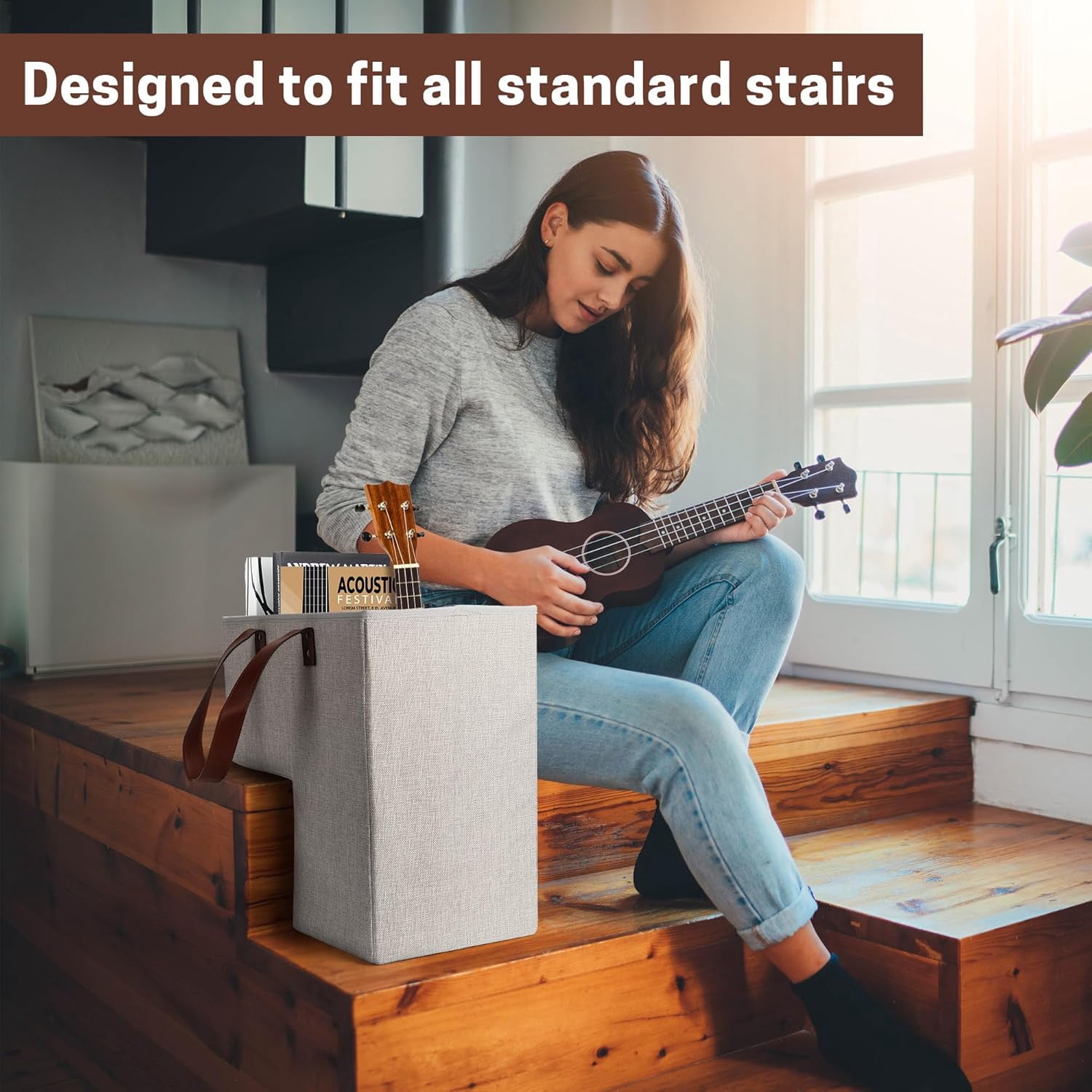 Stair Basket with Anti-Slip Grip for Wooden & Carpeted Stairs, 16"L x 10"W x 16"H Foldable Storage Organizer Bin with Handles for Laundry, Toys, Books, Home Office Decor (Natural Beige)