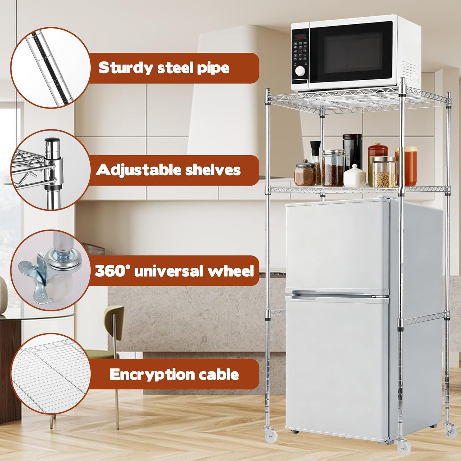2 Tier Mini Fridge Shelf Over Fridge Storage Rack with Adjustable Height and Lockable Wheels for Dorm Office Space Saving Organizer