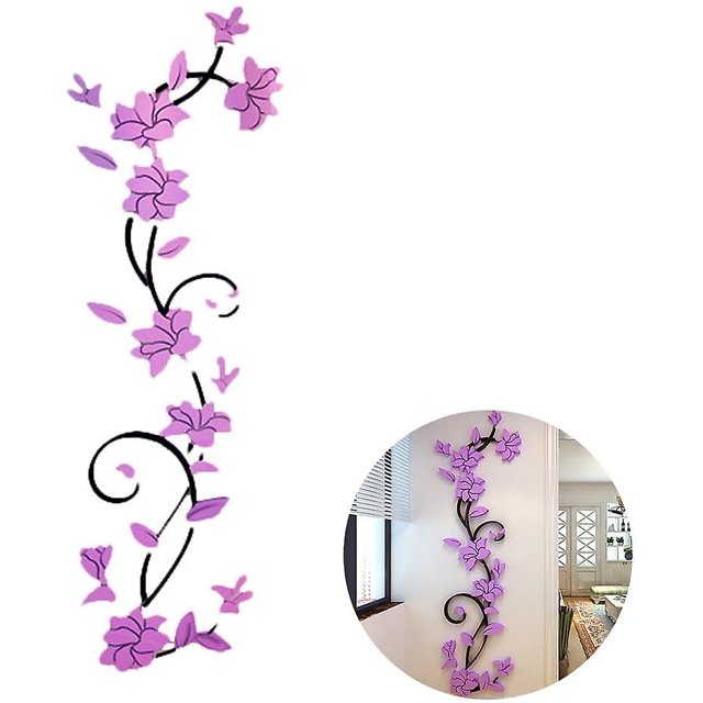 Decoraciones de pared para sala de estar, pegatinas de pared de ratán con flores de rosa en 3D, pegatinas de pared para sala de estar, fondos de TV, mural para decoración del hogar (flores moradas Feliz Sencillez