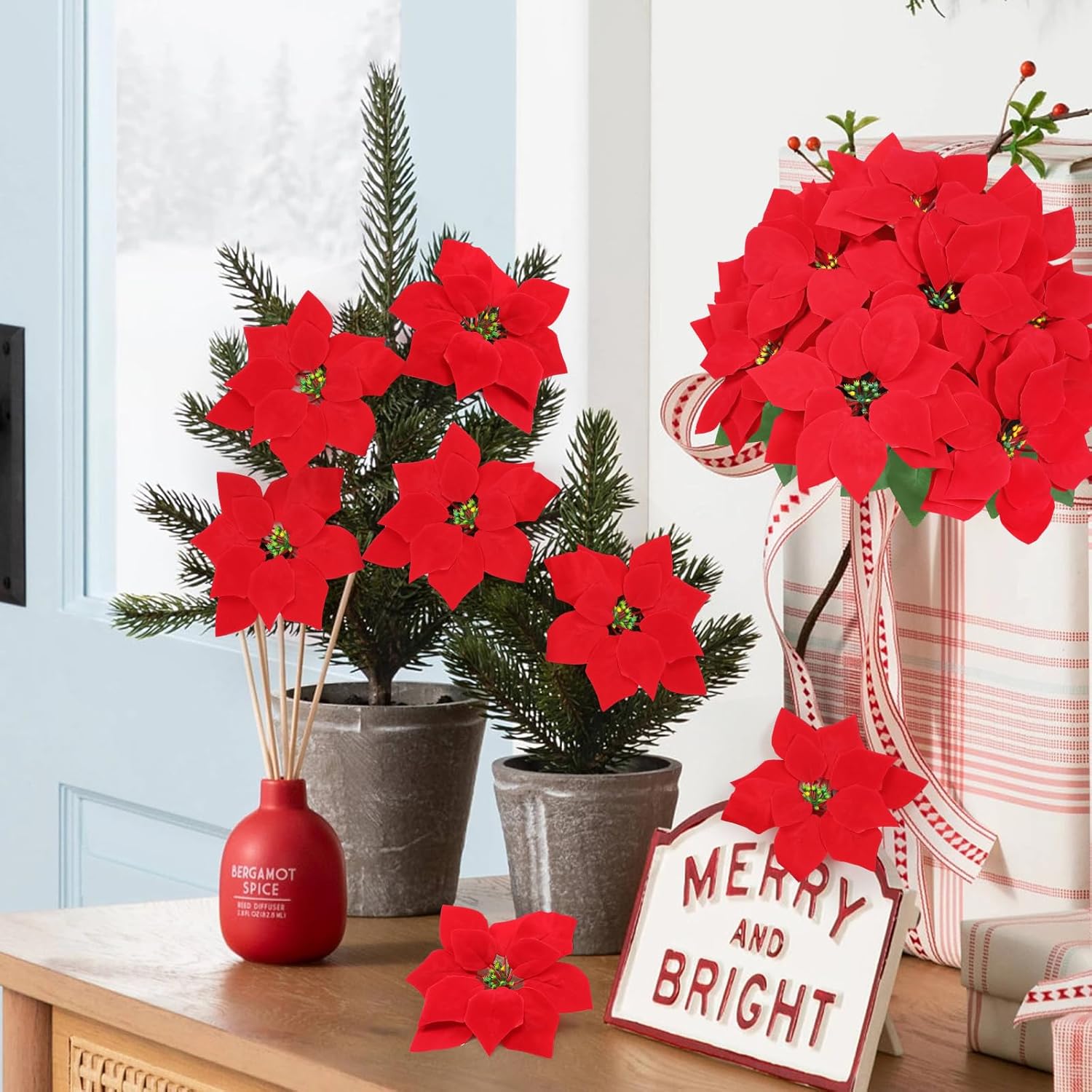 6 Pack Artificial Poinsettia Bushes, Red 7 Stems Velvet Poinsettia Floral, Christmas Artificial Poinsettia Flowers for Indoor Outdoor Christmas Xmas Tree Ornament Home Porch Decorations