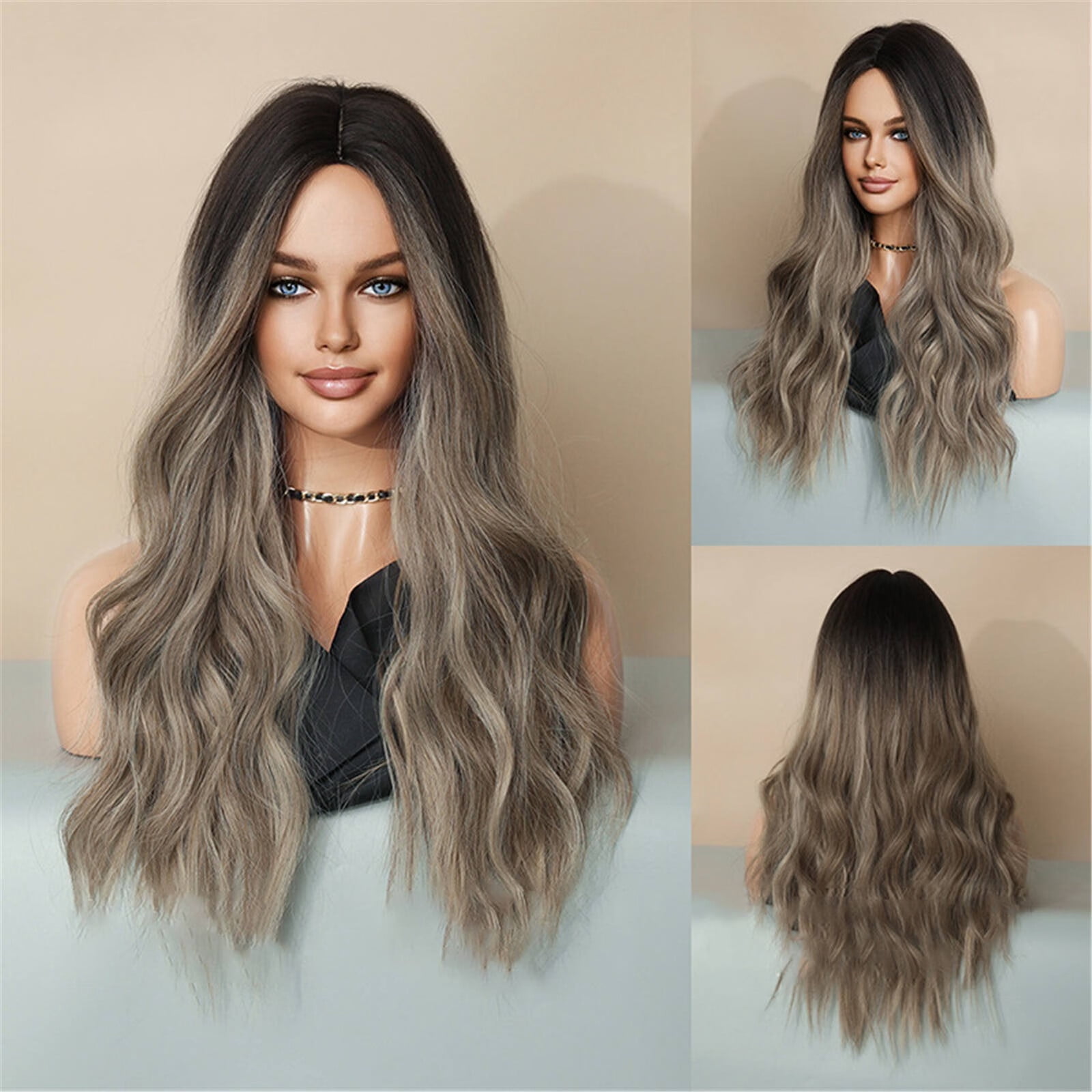 DOPI Human Hair Wigs For Women No Bangs Wig Women's Medium Long Curly Hair Gray Gold Mixed Color Highlight Dyed Fiber Whole Top Hair Set