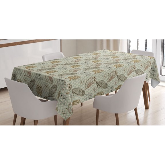 Owl Tablecloth, Cool Looking Owls Different Shapes and Sizes Drawing Style Sketch Pattern Print, Rectangle Satin Table Cover for Dining Room and Kitchen, 52" X 70", Brown Reseda Green, by Ambesonne