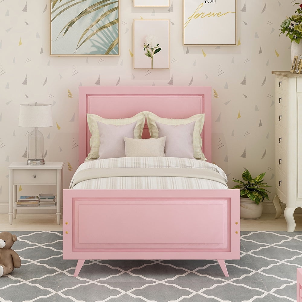 Sale Platform Beds with Headboard, Twin Bed Frame Mattress Foundation, Pink