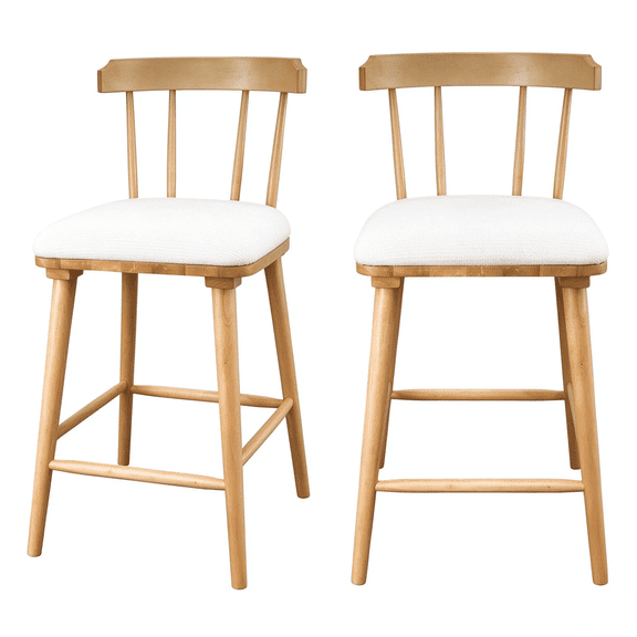 Indoor Wooden Upholstered Counter Stool, Natural Finish with Beige Upholstery, Windsor Style, Set of 2