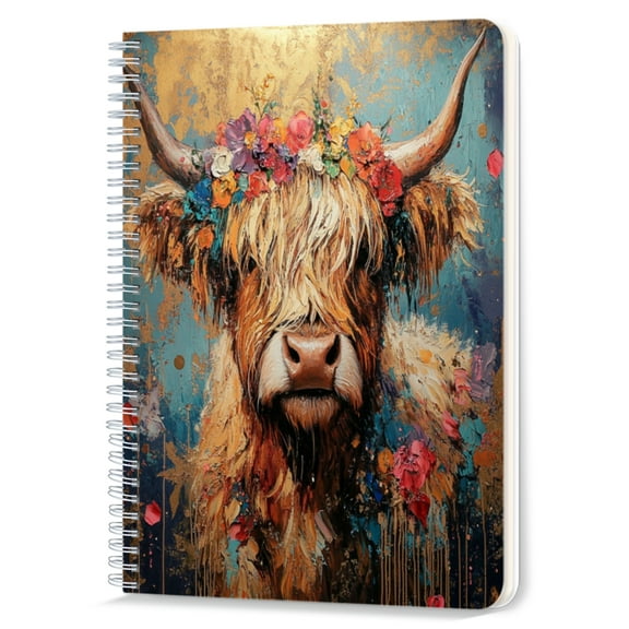 Spiral Notebook,Double-Wire Spiral College Lined Journal Notebook for Study and Notes,100 Pages,5.71x 8.26 in - The Charming Allure of Flower - adorned Highland Cow