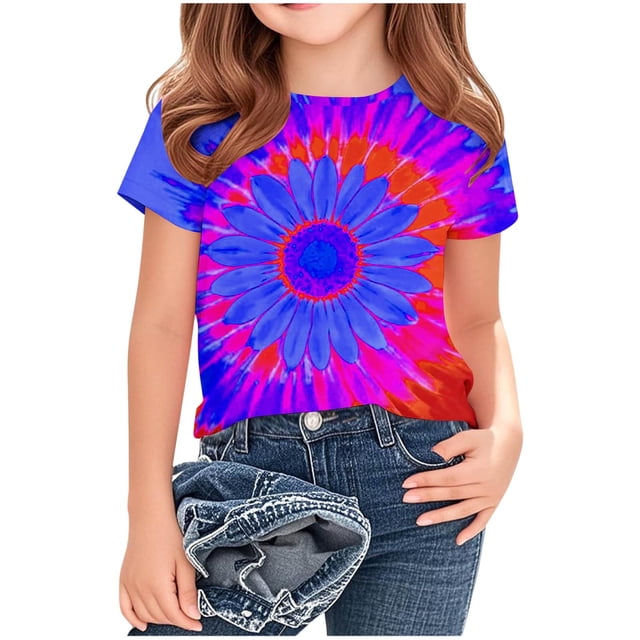 Camisetas de Cuello de Tripulación de Manga Corta para Mujeres Impresa Camiseta Cuello Redondo de Manga Media Casual Versátil para Niños Grandes Edades 3-14