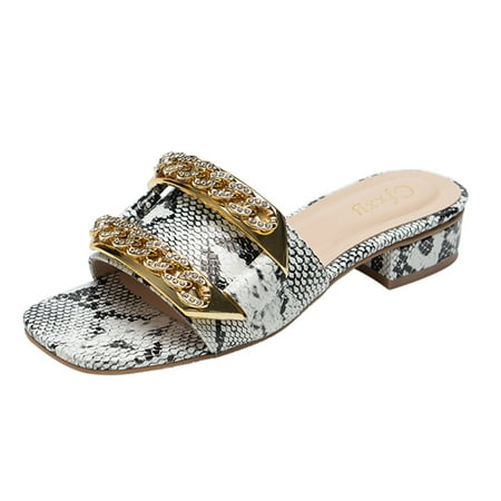 

Sandals Women Summer Fashion Thick Heel Casual Metal Chain Slippers Outdoor Square Toe Plus Size Beach Sandals Chic Women Shoes