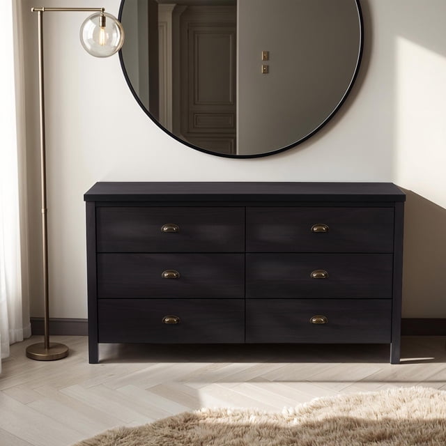 CorLiving Boston Modern Engineered Wood 6 Drawer Wide Adult Dresser with Interlocking Drawers, Black