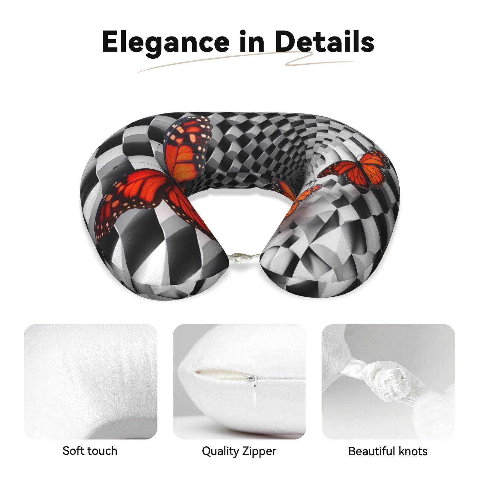 Xecao Butterflies Optical Illusion Print Memory Foam Cervical Neck Pillow Versatile U-Shaped Pillows for Home,Office,Camping,Travelling,Soft Washable Cover