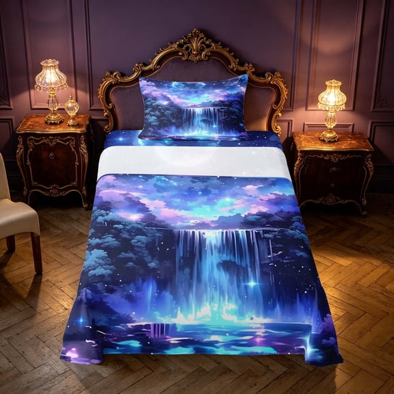 Homewish Blue Galaxy Twin Sheets for Kids Girls, Stars Moon Waterfall Bedding, 3 Pieces, 1 Flat Sheet, 1 Fitted Sheet and 1 Pillowcase