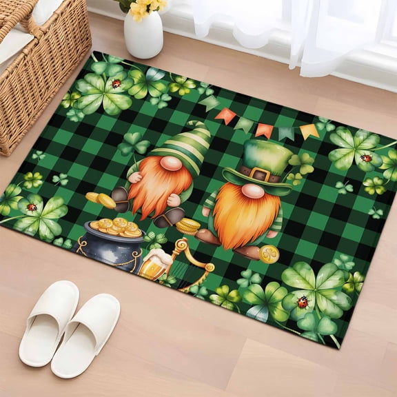 St. Patrick's Day Entryway Rug 2'x3' Non Slip Front Door Mats, Cute Gnomes Lucky Shamrocks Green Black Plaid Entrance Rugs Indoor Outdoor Carpet, Floor Mats Small Area Rug for Bedroom Kitchen