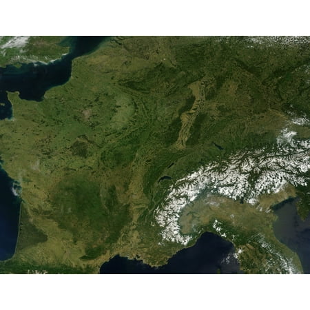 May 25 2011 - True-color satellite view of France To the southeast the peaks of the Alps are covered with snow Poster