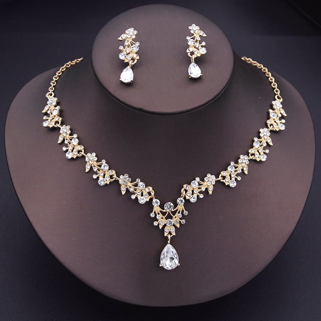 Ensemble de Bijoux de Mode Design Floral de Luxe pour Femmes Colliers Boucles d'Oreilles Ensembles Accessoires de Robe de Mariée Or Blanc