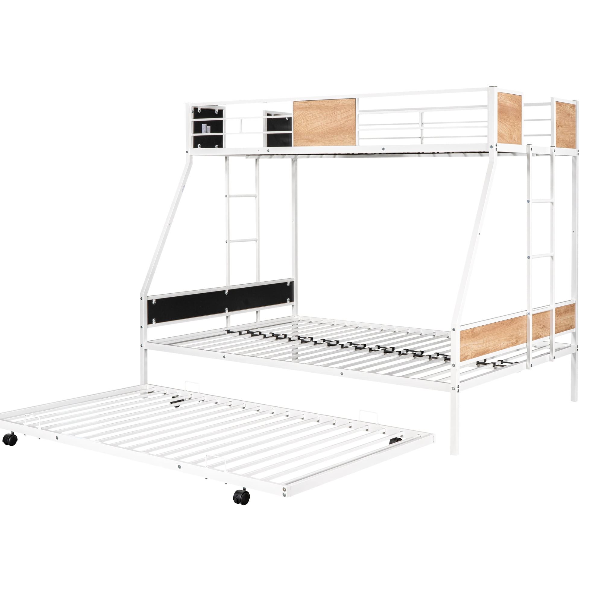 Gewnee Twin over Full Metal Bunk Bed with Trundle and  Two Ladders for Kids Room, White