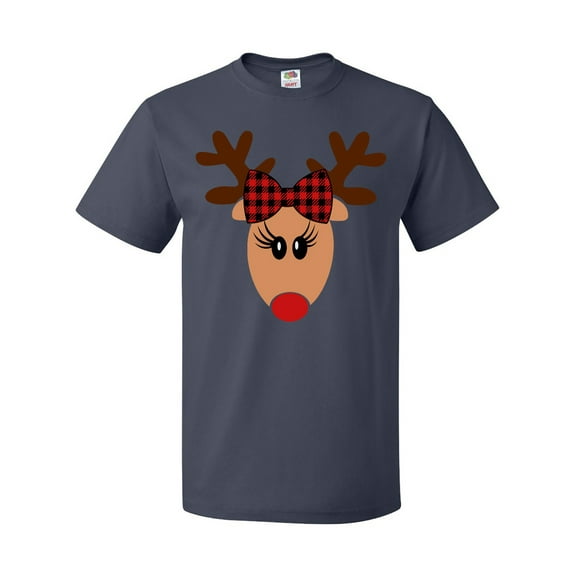 Inktastic Cute Girl Reindeer with Buffalo Plaid Bow T-Shirt