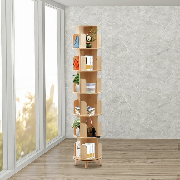 Solid Wood Rotating Bookshelf Floor Standing Bookcase 6-Tier Display Stand 360° 6-Tier 360° Rotating Bookshelf Storage Shelf Freestanding Display Rack Bookcase