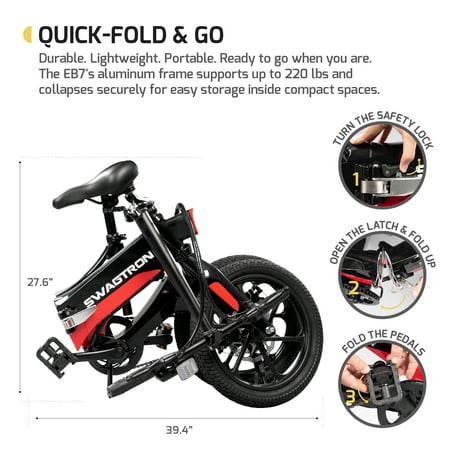 SWAGTRON EB7 Elite 16" Long-Range Folding eBike w/15.5 mi Max Operating Range & 18.6 mph Max Speed - Black