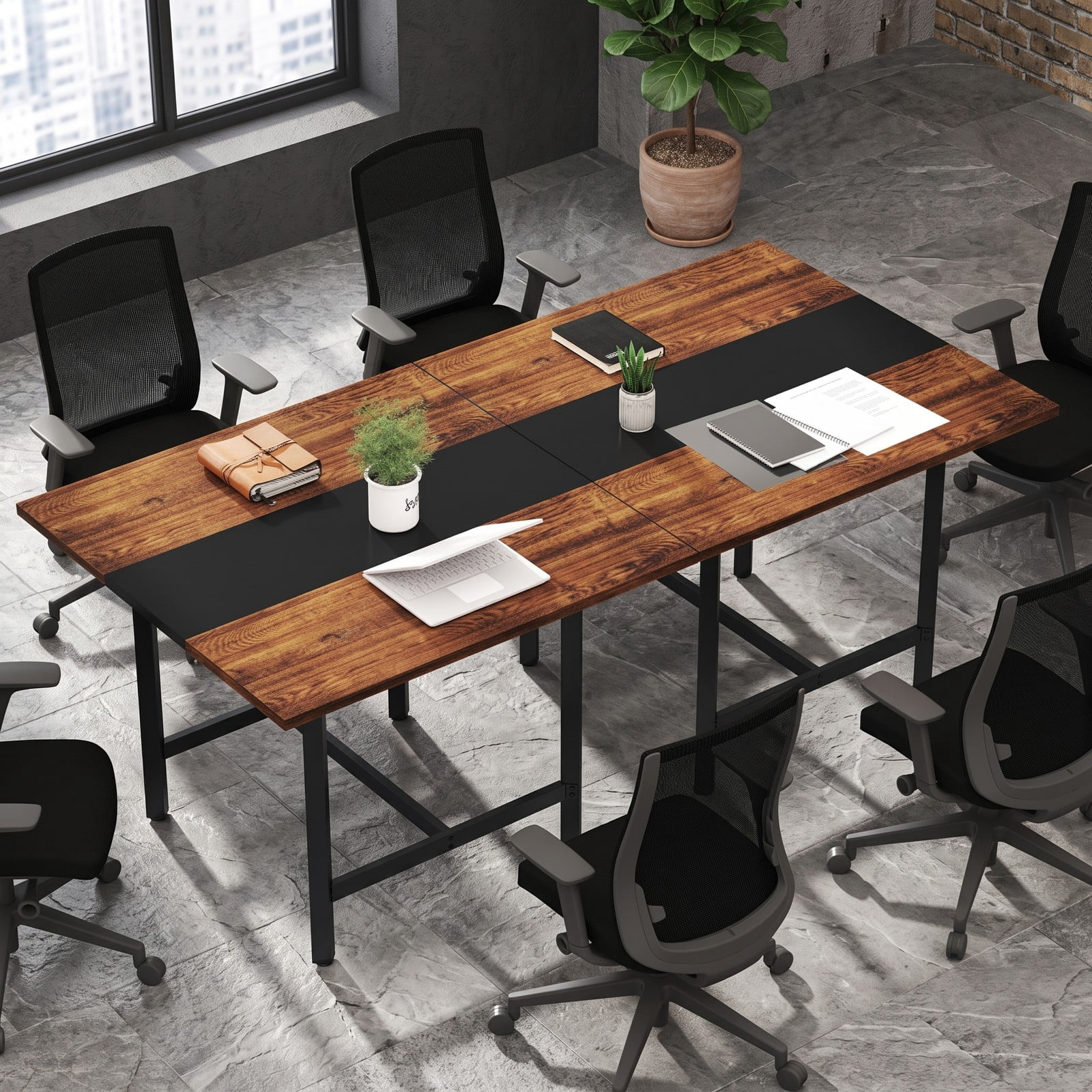 Furnibear 39.5 Inch Square Conference Table, Meeting Room Table with Thickened Tabletop and Reinforced H-Shaped Metal Frame, Seats 4 for Office Working, Rustic Brown