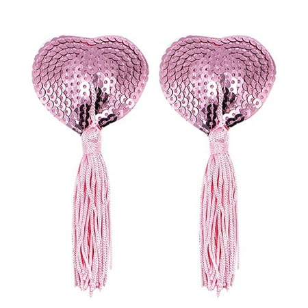 Women Reusable Sexy Breast Pasties Nipple Stickers Cover Adhesive Heart-Shaped Breast Bra with Sequins Tassel A pair