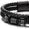 thumbnail image 4 of Pulsera de cuero trenzado negro de doble hilera para hombre Pulsera Correa de muñeca Charm de acero inoxidable negro, 4 of 5